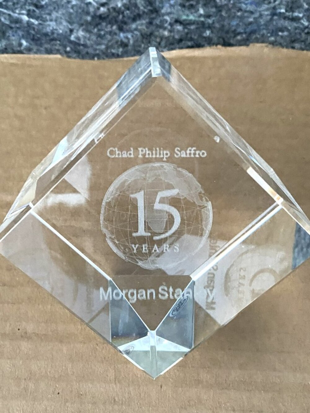 Vtg 15th Anniversary Morgan Stanley Clear Fine Crystal Optic Paper Weight